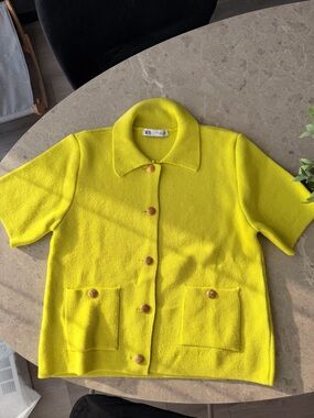 Zara Bright Yellow/lime Short-Sleeve Knit Blazer